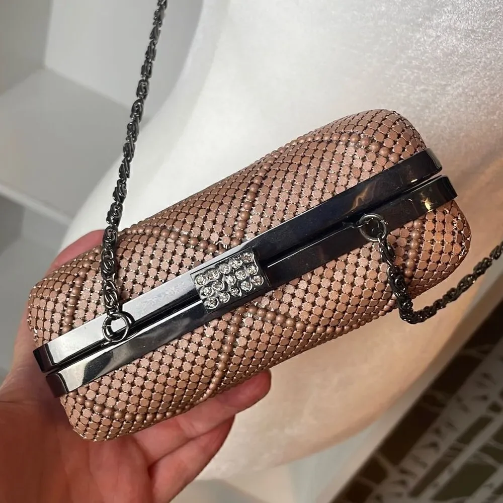 Nicole Miller Blush Pink Metal Mesh Chain Strap Structured Frame Evening Bag